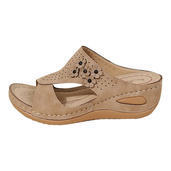Rewenti Women's Sandals Summer Thick-Soled Sewing Thread Solid Color Flower Casual Slippers Shoes Clearance Khaki 9.5-10(42)