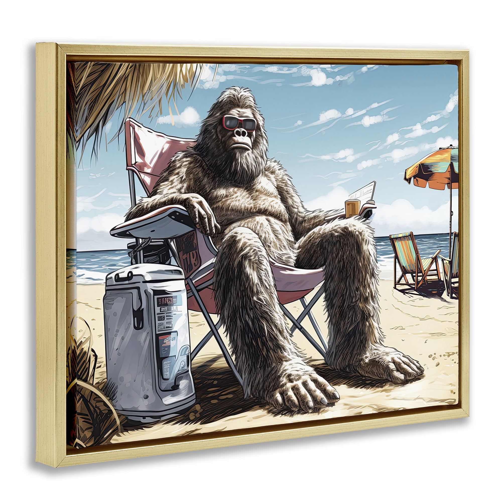 Stupell Industries Big Monster on Beach Fairy Tales & Fantasy Painting Gold Floater Framed Canvas Art Print Wall Art, 21 x 17