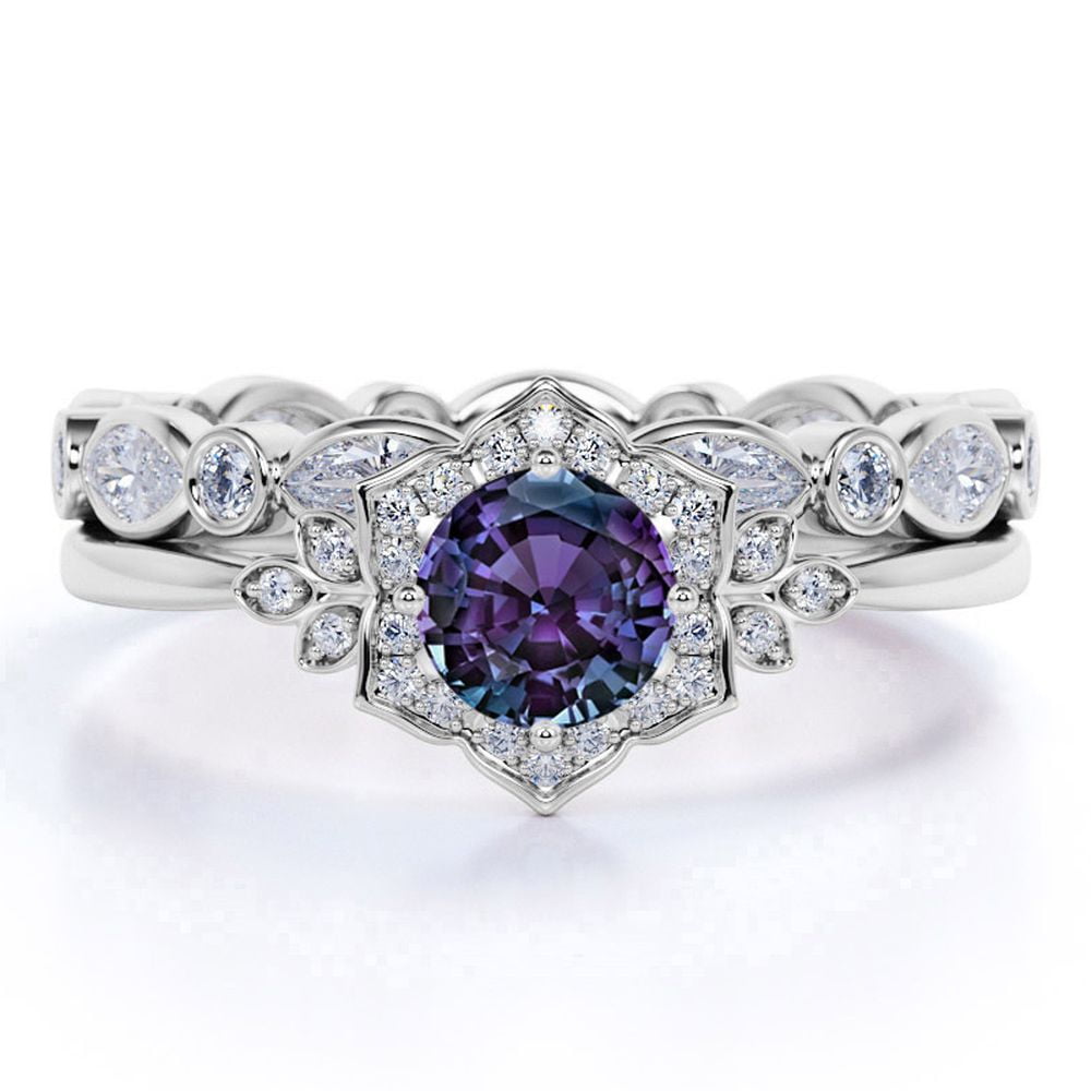 JeenMata Blooming 1.5 Carat Round Cut Lab Created Alexandrite and Moissanite Spring Wedding Ring Set - Eternity Band - 18k White Gold over Silver