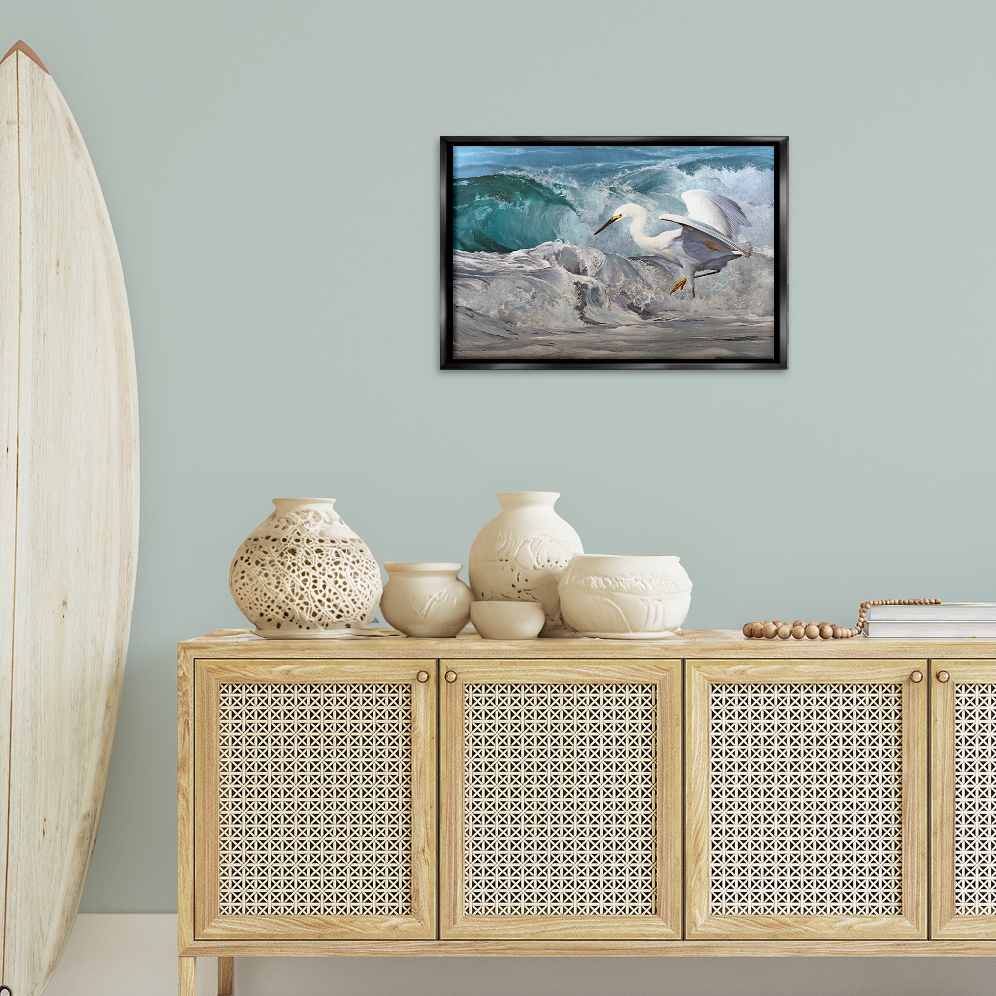 Stupell Industries Wave Dancer Heron Nautical & Beach Painting Black Floater Framed Canvas Art Print Wall Art, 25 x 17