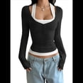 thumbnail image 2 of Camisetas Henley de Larga para Mujer, Blusa Básica Informal de Punto Acanalado con Botones y Corte Ajustado. Negro L, 2 of 7