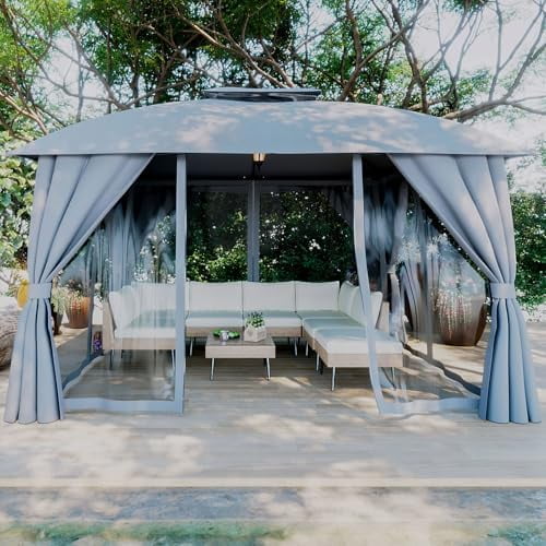 Gazebo 10x12(Canopy Size) with Mosquito Netting & Privacy Screens. Double Roof Design Outdoor Gazebo with Trapezoidal Support System for Patio, Deck, Backyard, Garden & Lawns$$Garden & Patio