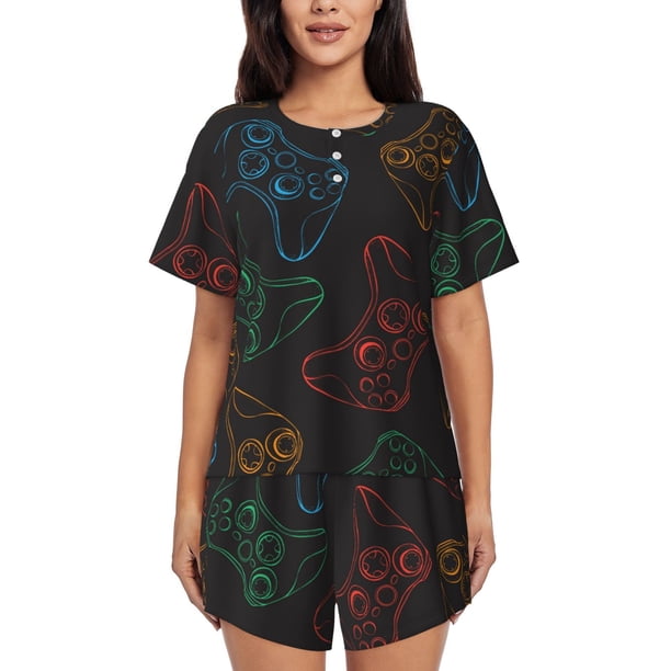 Balery Gamepad Joystick Game Conjunto de Pijama para Mujer con Estampado, Dos Piezas de Manga Corta y Shorts, Ropa de Dormir Suave con Cuello Redondo y Bolsillos-XX-Large