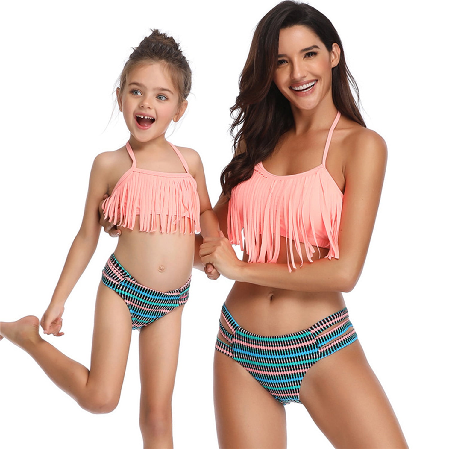 Family Matching Mom Girls Two Pieces Bathing Suit Bikini Set Ruffle High Waisted Bottom Tankini Set