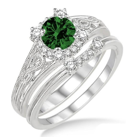 1.25 Carat Emerald & Diamond Vintage halo floral Bridal Set Engagement Ring on 10k White Gold