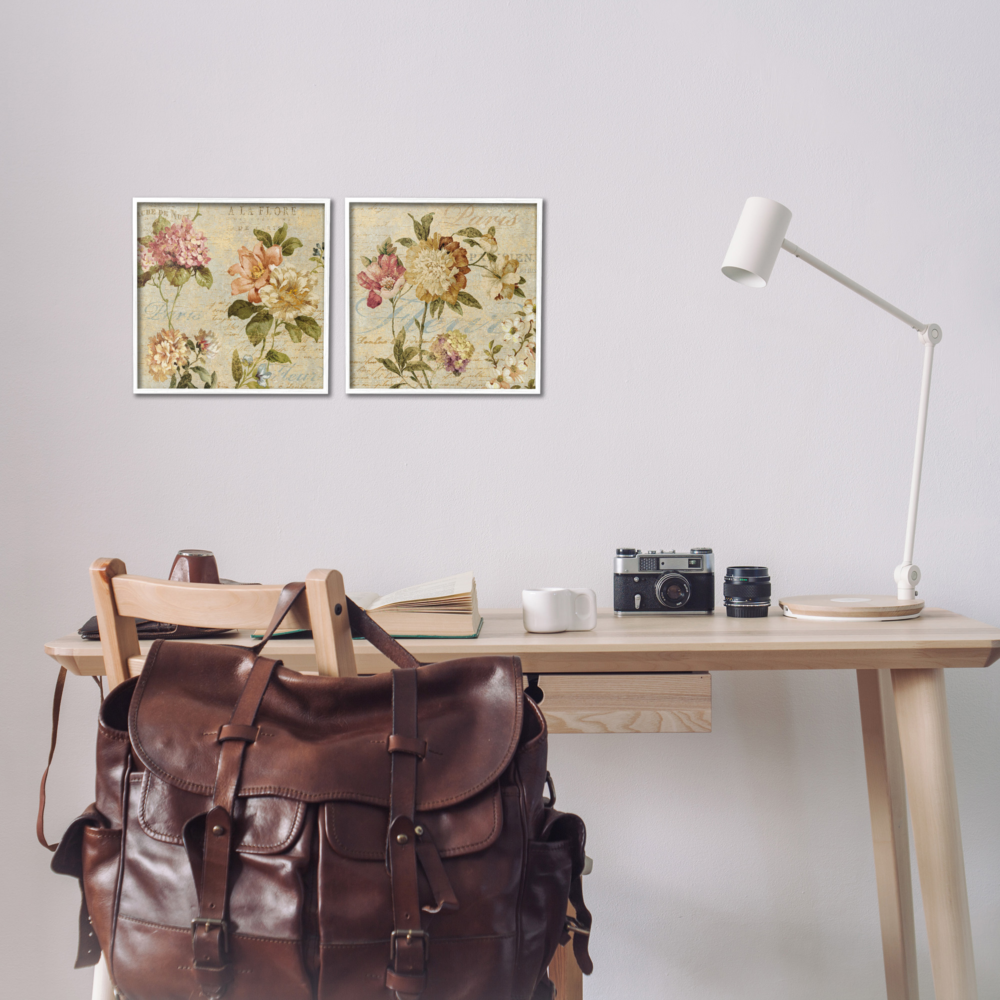Stupell Industries Vintage French Floral with Script Botanical & Floral Painting White Framed Art Print Wall Art, 12 x 12, Set of 2