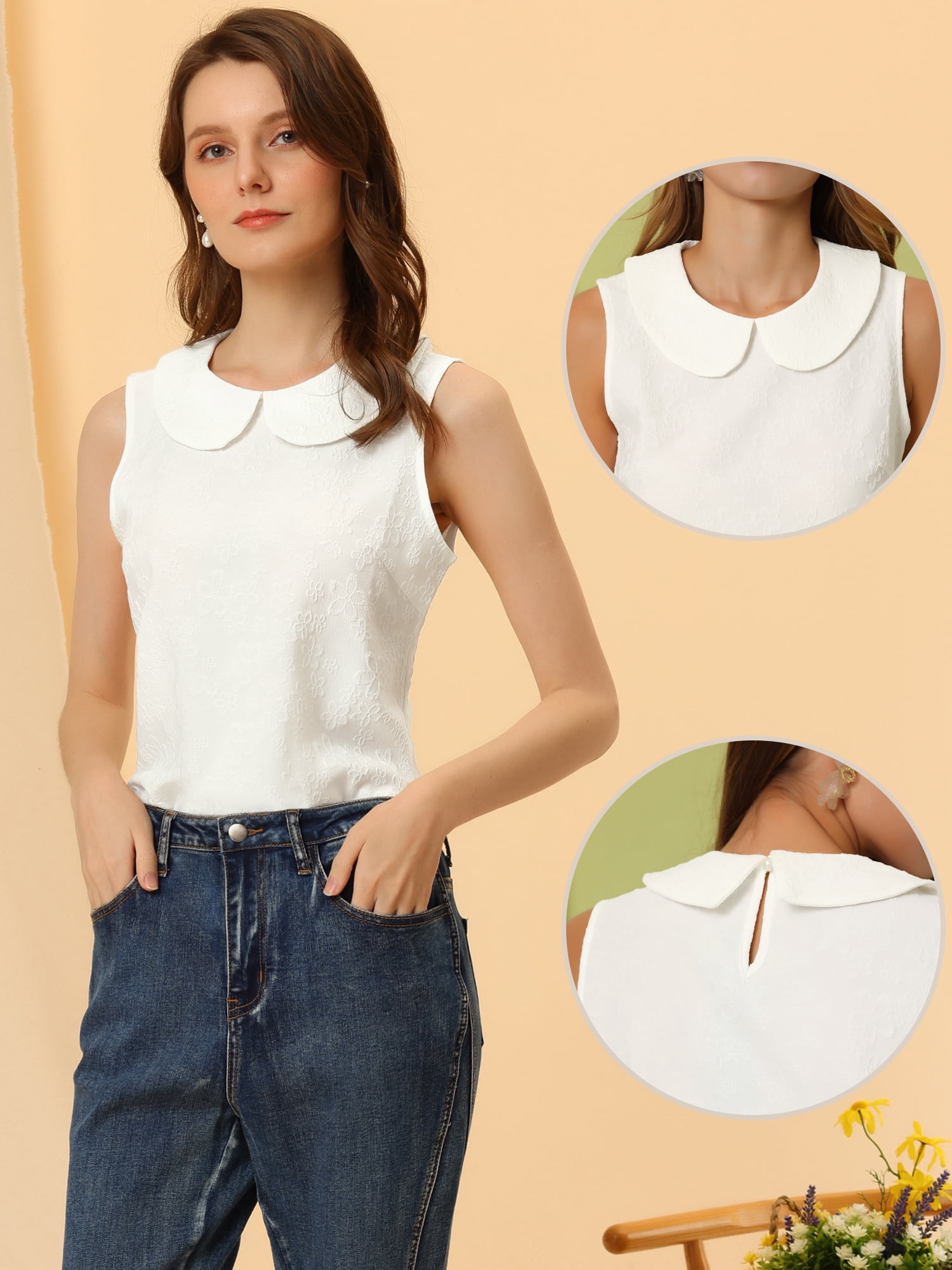 DARING DIVA Blouse Sleeveless Jacquard Floral Tank Top XL White