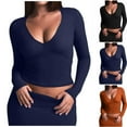thumbnail image 4 of Felirenzacia Women's Skinny Cropped Yoga Top, Fitted Deep V Neck Long Sleeve High Elastic Pullover Sweatshirt, S-XL, 4 of 5