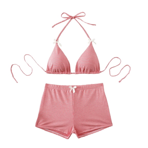 TIHLMK Women's Push Up High Waist Bikini Set with Shorts Drawstring Triangle Halter Tummy Control Two Piece Bathing Suit