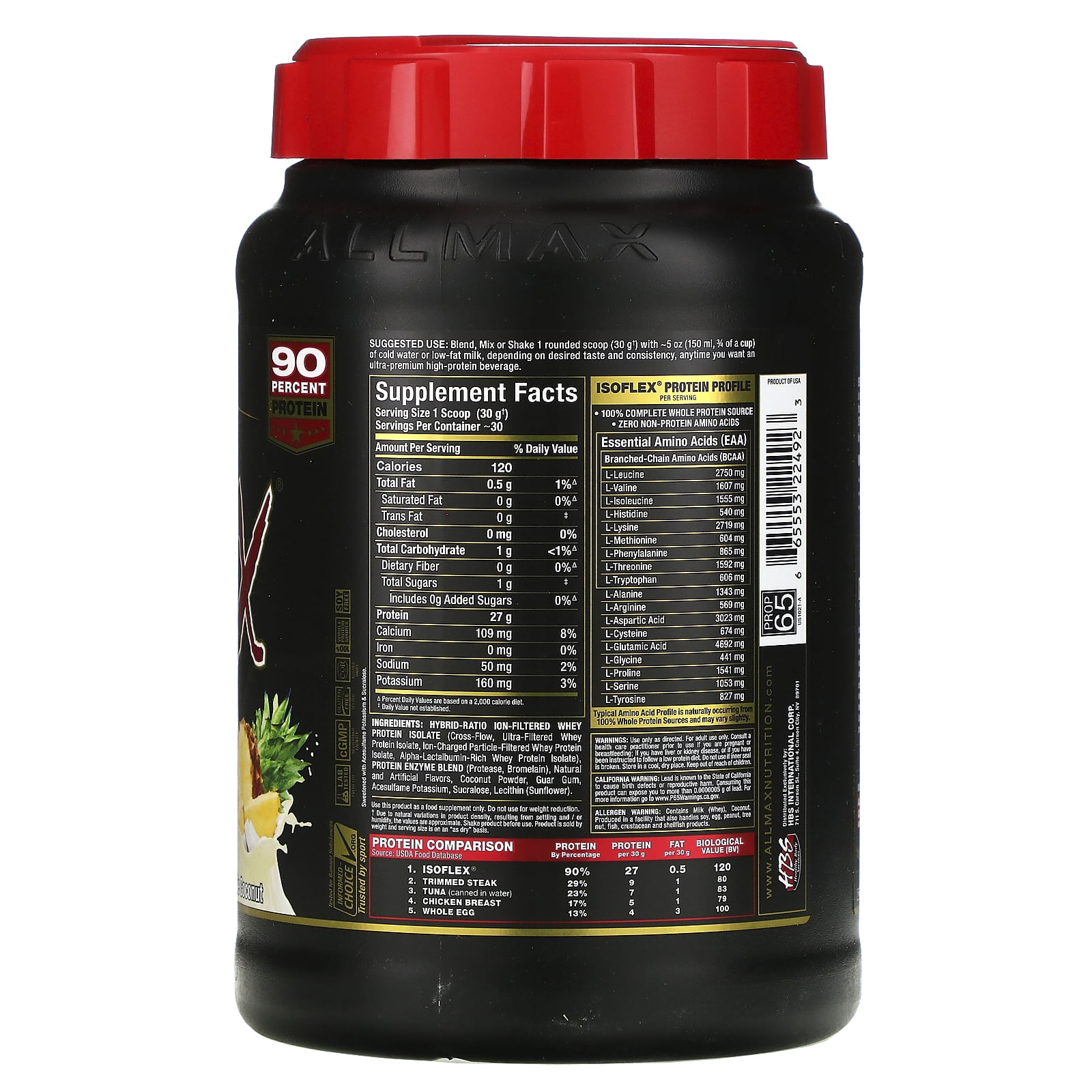 Isoflex, Pure Whey Protein Isolate (WPI Ion-Charged Particle Filtration), Pineapple Coconut, 2 lbs (907 g), ALLMAX