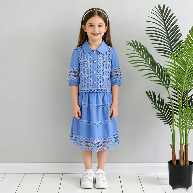 Conjunto de falda y top de manga corta con cuello alto y falda de encaje para niña, primavera/verano