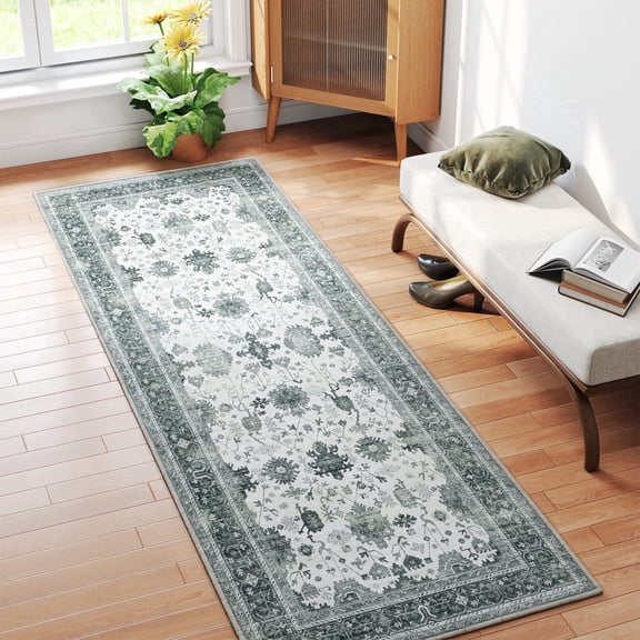 WANLISELL 2ft x 6ft Boho Runner Rug, Non-Slip Machine Washable Rug Distressed Vintage Floor Carpet for Bedroom Kitchen Living Laundry Room, Green Beige