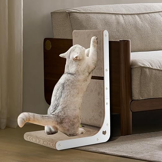 Cardboard Cat Scratcher, L-Shaped Vertical Scratching Board for Indoor Cats, Wall-Mount Cat Scratch Pad with Built-in Catnip Toy Balls, Durable, Brown