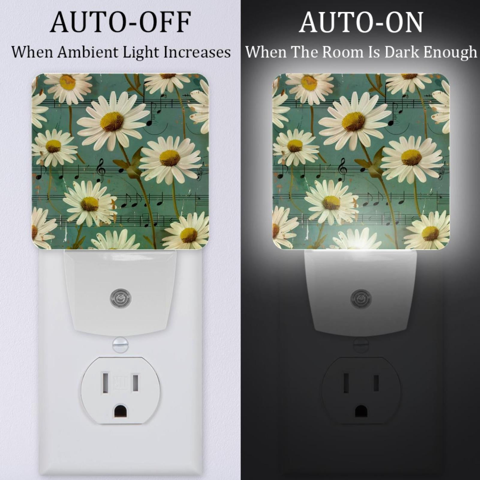 PhooArto Vintage Daisy Music Notes Pattern Plug in LED Night Light Auto Sensor Dusk to Dawn Decorative Night for Bedroom, Bathroom, Kitchen, Hallway, Stairs, Baby's Room, Energy Saving