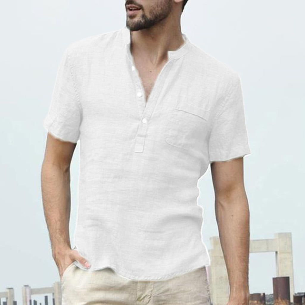 Men's Baggy Cotton Linen Soid V Neck Short Sleeve Retro T-Shirts Tops Blouse 