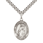 Medium Pewter Saint Catherine of Alexandria Medal Pendant on 24 Inch Endless Rhodium Plated Heavy Curb Brass Chain, Catholic Religious Necklace -Made in USA- Deluxe Velvet Gift Box