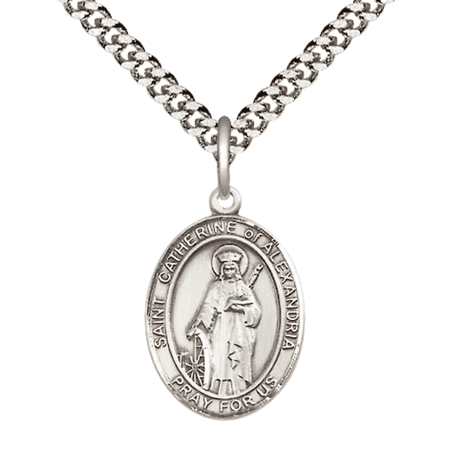 Medium Pewter Saint Catherine of Alexandria Medal Pendant on 24 Inch Endless Rhodium Plated Heavy Curb Brass Chain, Catholic Religious Necklace -Made in USA- Deluxe Velvet Gift Box