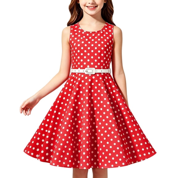 Mifsaly Little Girls Sleeveless Dress Polka Dot Vintage A Line Dresses Elegant Wedding Birthday Party Summer Casual Gowns with Matching Belt