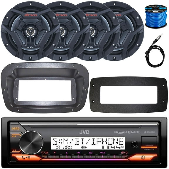 JVC KD-X38MBS Single-DIN Marine Bluetooth USB/AUX LED AM/FM Stereo SiriusXM Ready Receiver W/Spa Bezel   Adapter Plate, 4x 6.5" 150W Max Waterproof 2-Way Coaxial Black Boat Speakers W/Wire, Antenna