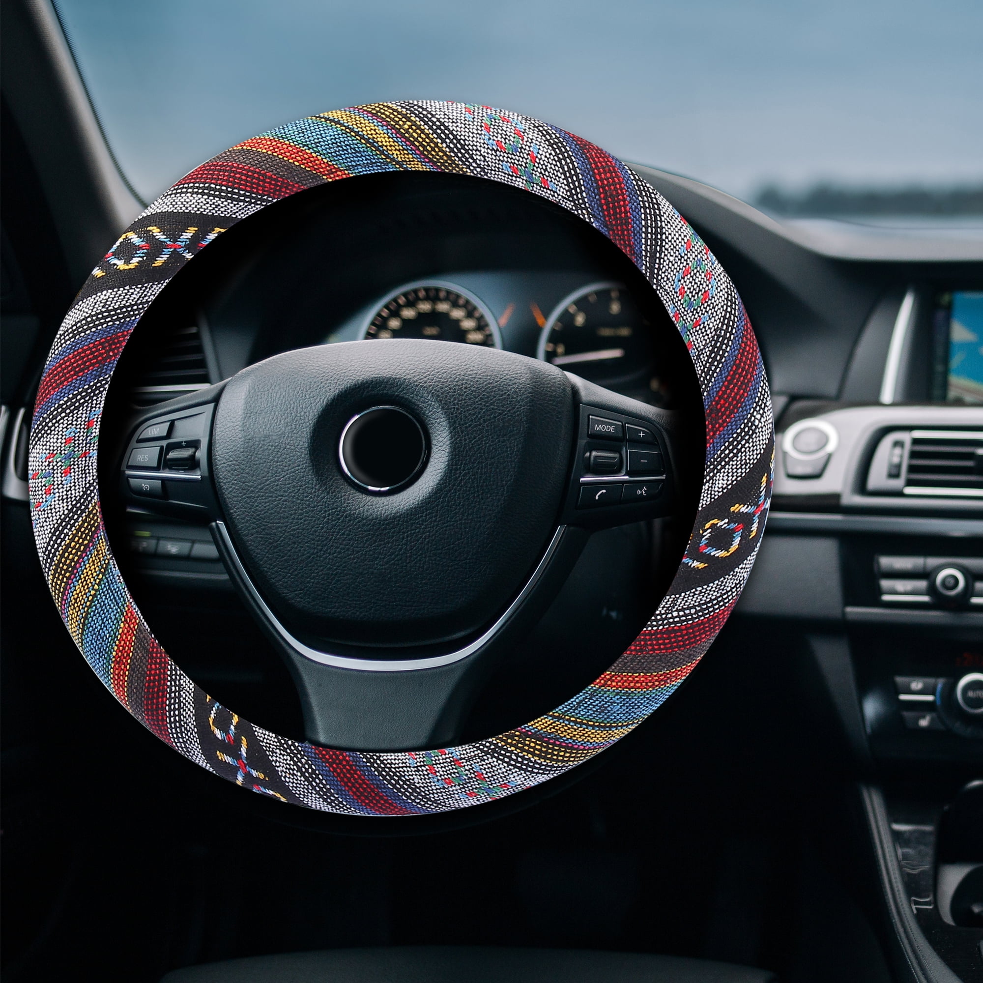 Unique Bargains 40cm Ethnic Style Linen Car Steering Wheel Cover Replacement Multicolor Printing Pattern