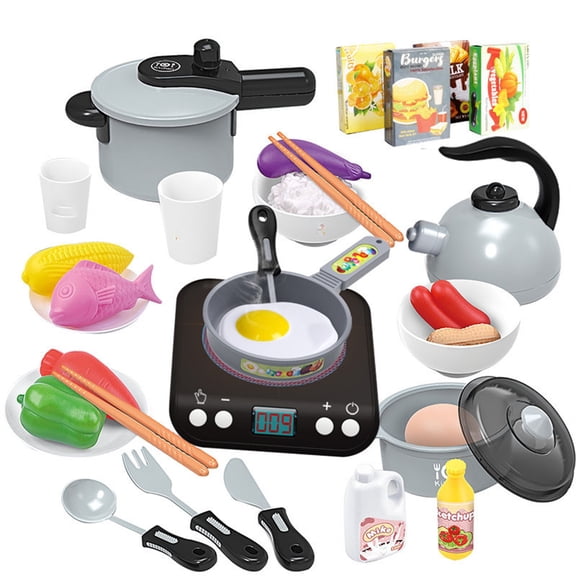 Pretend Play Kitchen Toy Set,36 Pcs Smooth Safe Simulated Food Cookware Stove Cooking Toys for Indoor Family Game Birthday Gift