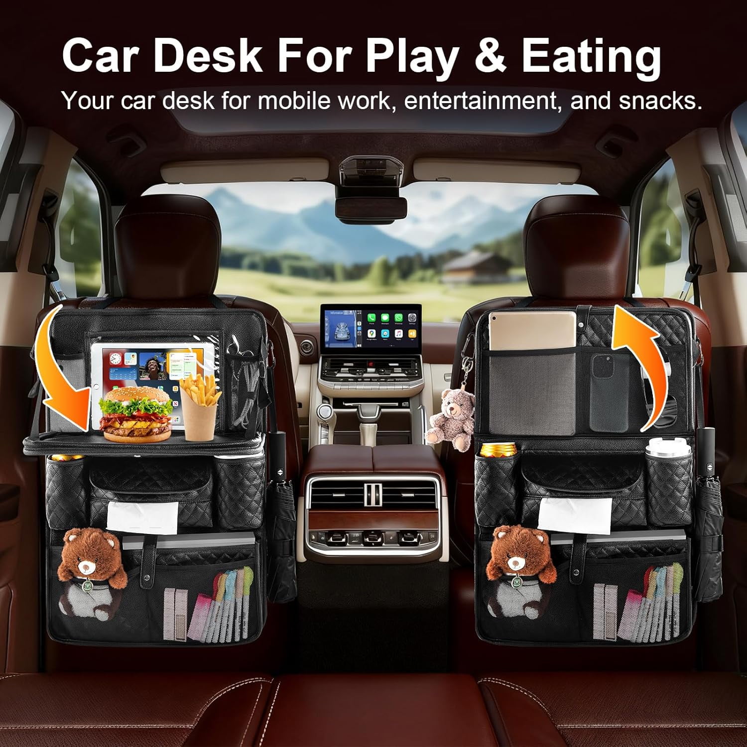 Car Backseat Organizers 2-Pack with Foldable Tray - PU Leather Back Seat Car Organizers with 11 Storage Pockets, Tablet Holders, Kick Mats Protectors for Kids Family Travel Essentials (Black)