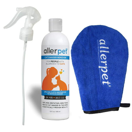 Allerpet Cat Dander Remover with Bonus Solution Application Mitt and Sprayer - 100% Non Toxic Pet Allergen Reducer - Scientifically Proven for Effective Allergy Relief - Proudly USA Made