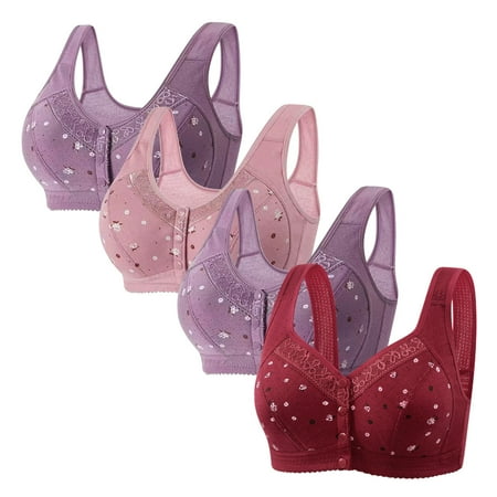 4 Pcs Daisy Bras for Older Women Front Closure No Wire Bra Comfortable Convenient Wirefree Push Up Bras Underwear Women Push Up Bras Wireless Lace Bra And Panty Set