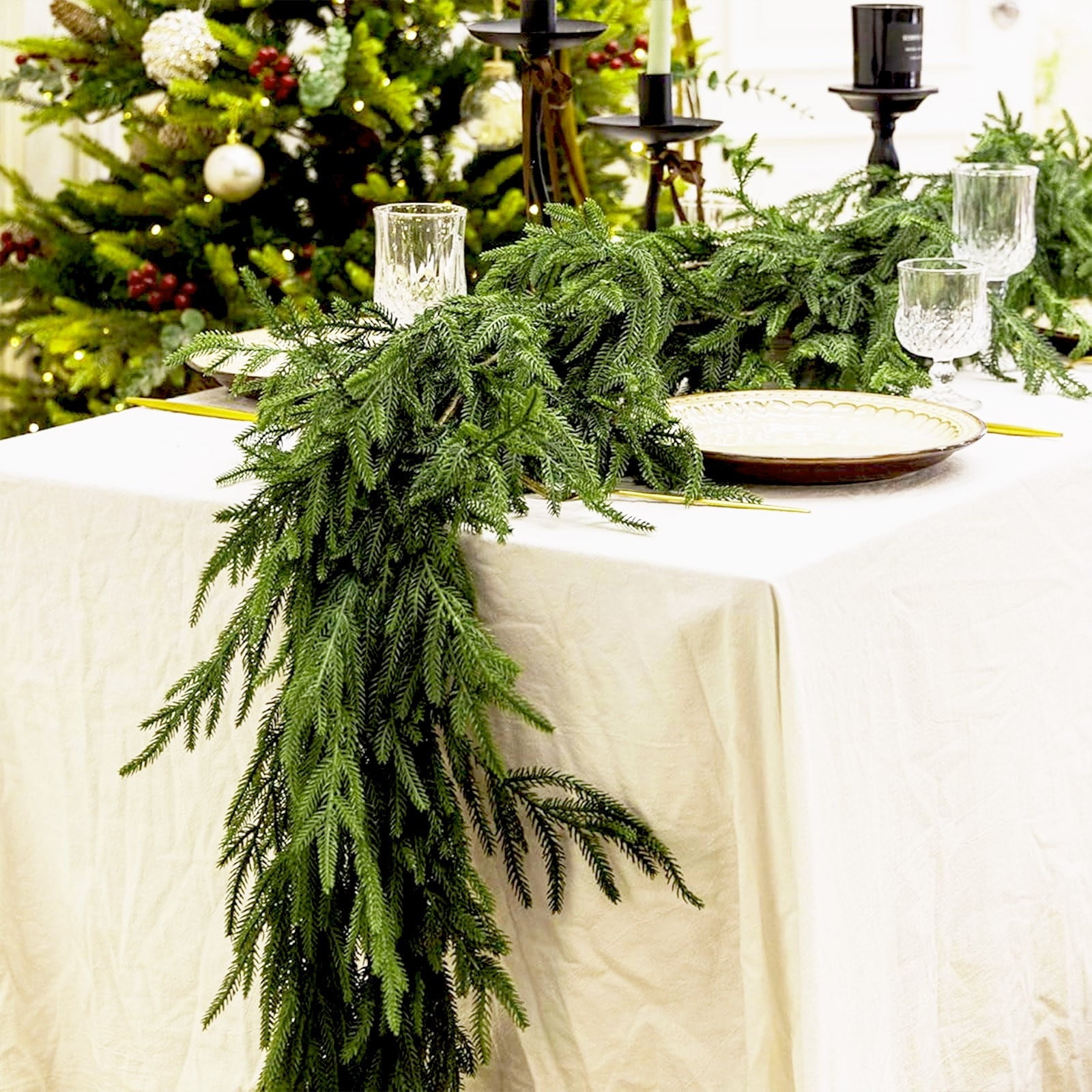 KOYPTL 8.86ft Christmas Garlands Norfolk Pine Garland Real Touch Artificial Faux Greenery Garland for Table, Mantle, Staires, Wall Holiday Indoor Outdoor Christmas Decorations