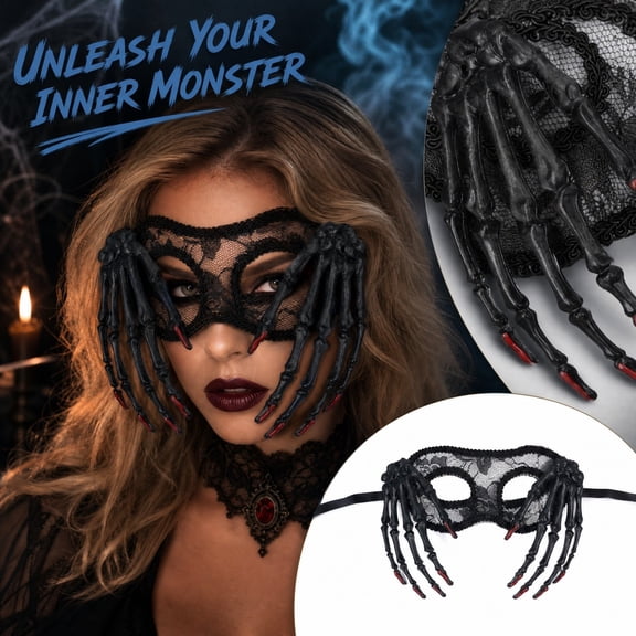 Halloween Skull Mask, Black Lace Eye Mask with Red Tips, Creepy Half Face Mask (7.5X3.5 In), Scary Halloween Decor for Outdoor Party, Halloween Decorations for Birthday, Gothic