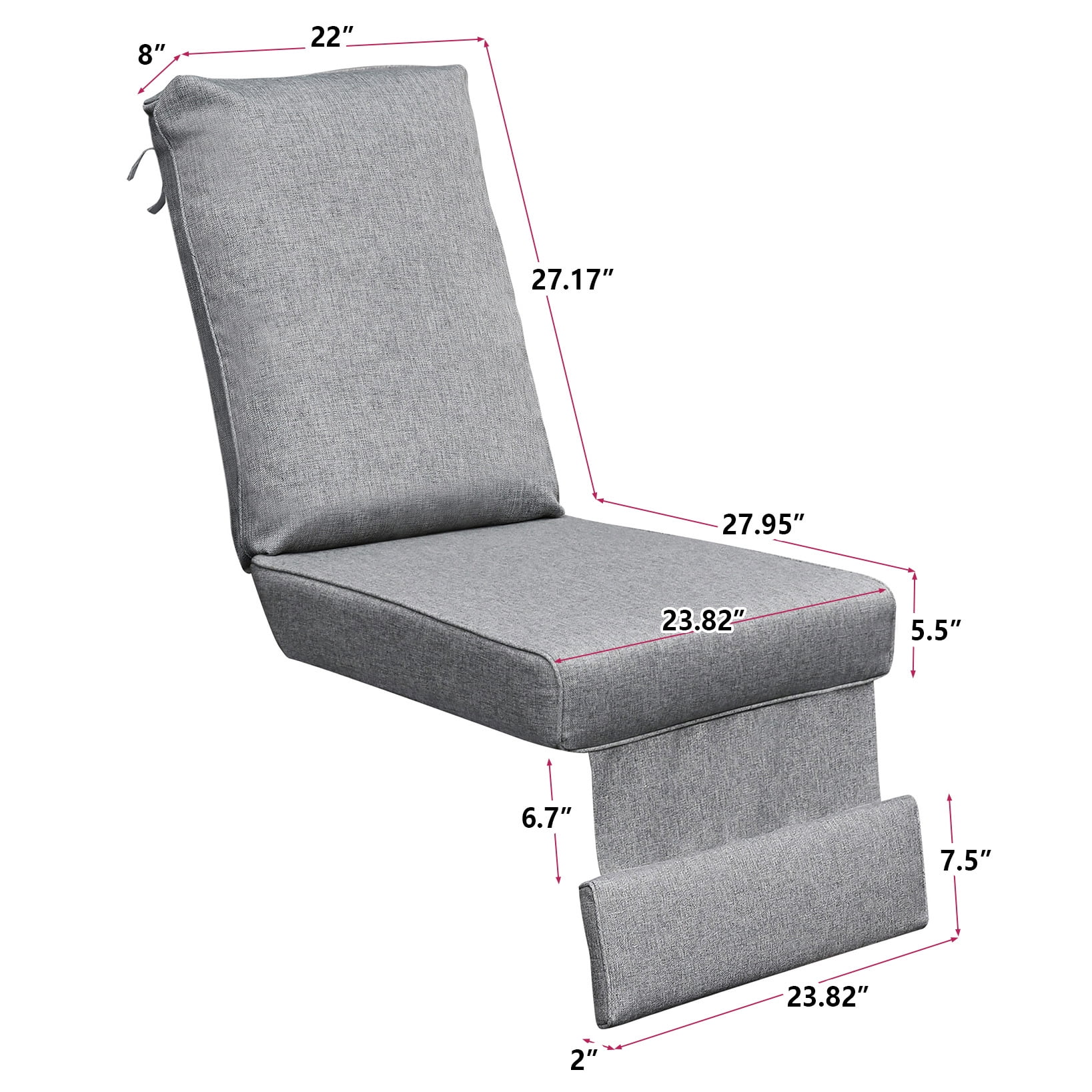 JP Outdoor Replacement Cushion for Indoor or Outdoor Recliner Chair,5.5” Thick, Anti-fade & Waterproof,Grey