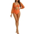 thumbnail image 2 of Bikini de una pieza con escote en V, mangas largas, malla y control de abdomen, color naranja claro, talla grande, 2 of 5
