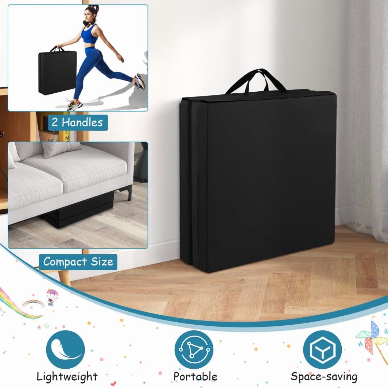 Resenkos Gymnastics Mat, Exercise Tumbling Mat,6 x 2 FT Tri-Fold Gym Mat with Handles and Removable Zippered Cover-Black