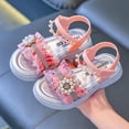 thumbnail image 2 of Xfvqtps Kids Girls Princess Sandals Open Toe Pearl Rhinestone Lace Hook and Loop Soft Sole Flats Summer Shoes, 2 of 7