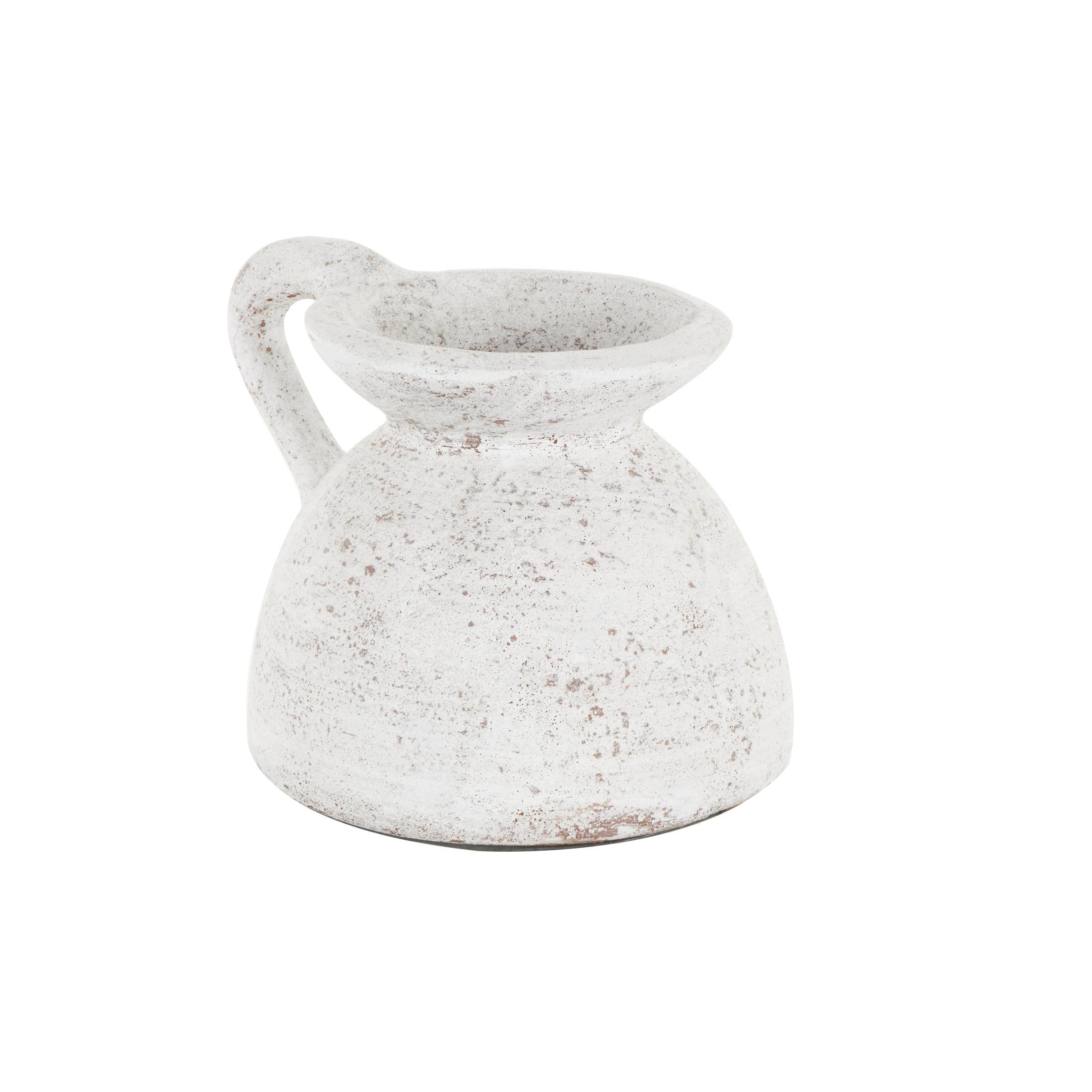 DecMode 9" Antique Style Textured Pot White Ceramic Vase with Handle