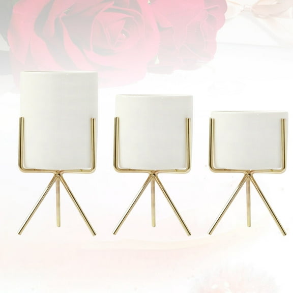 WHAMVOX Golden Ceramics Planter Pot with Metal Stand for Plants Adorable Decor Suitable for Indoor and Outdoor Use 3PCS Set