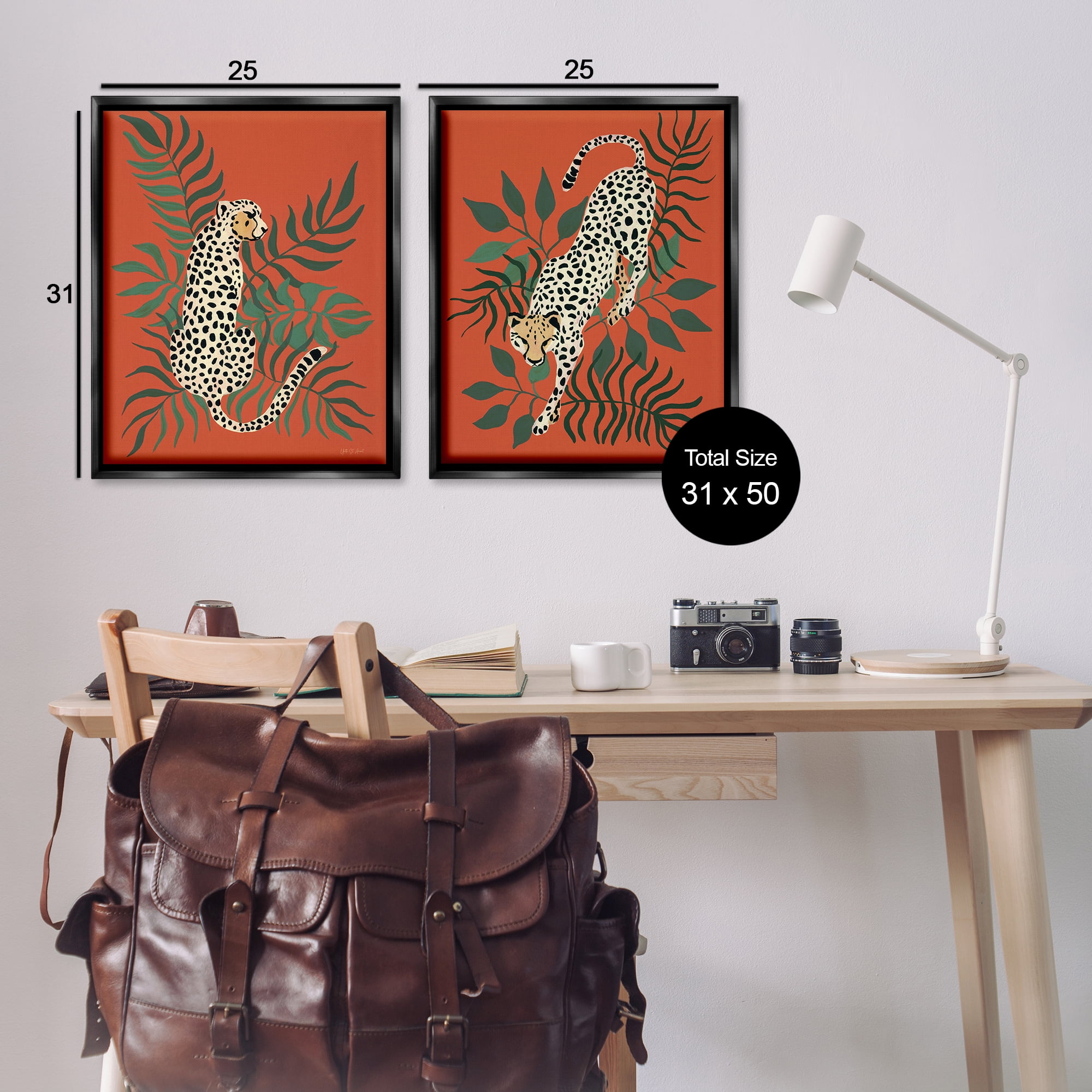 Stupell Industries Sitting Cheetah Prowling Jungle Animals Painting Black Floater Framed Canvas Art Print Wall Art, 31 x 25, Set of 2
