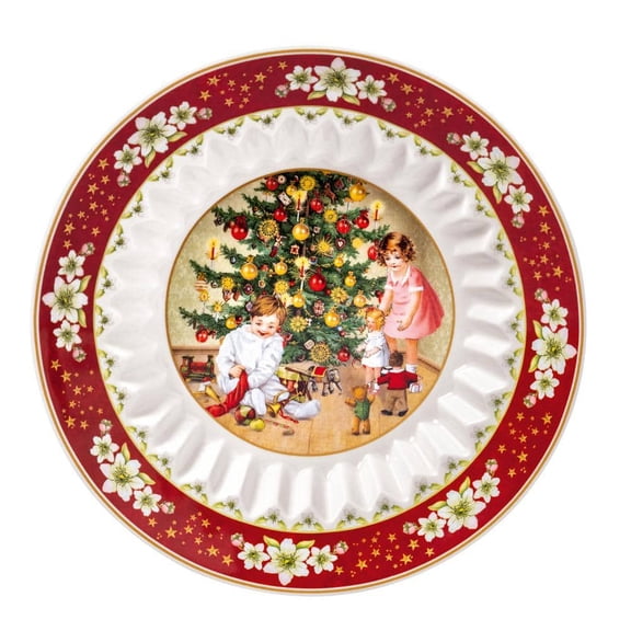 Toy's Fantasy Small 5.5 fl. oz. red and white Porcelain Bowl with Children and Christmas Tree