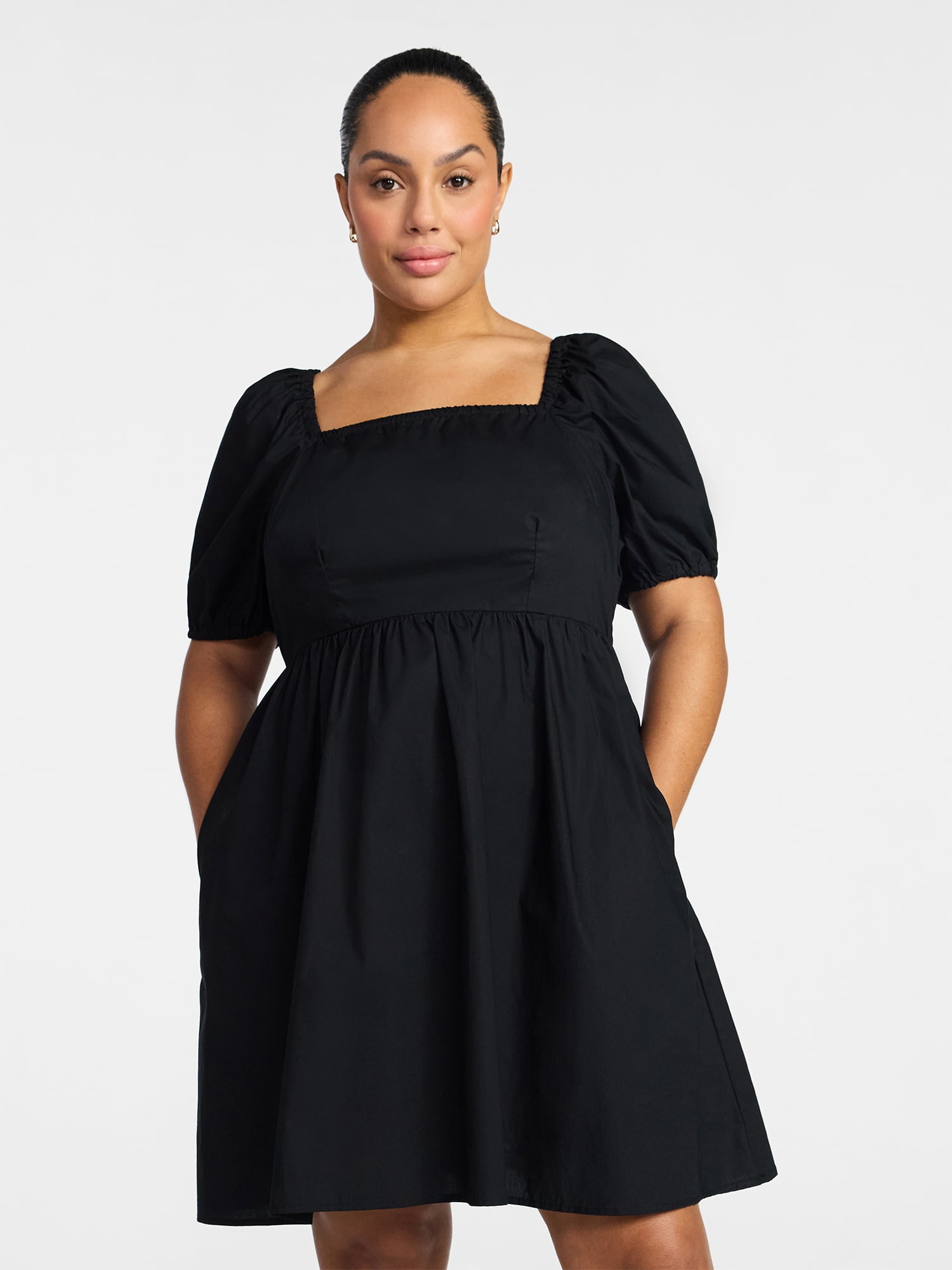 Time and Tru Women's and Women's Plus Tie Back Mini Dress with Puff Sleeves, Sizes XS-4X