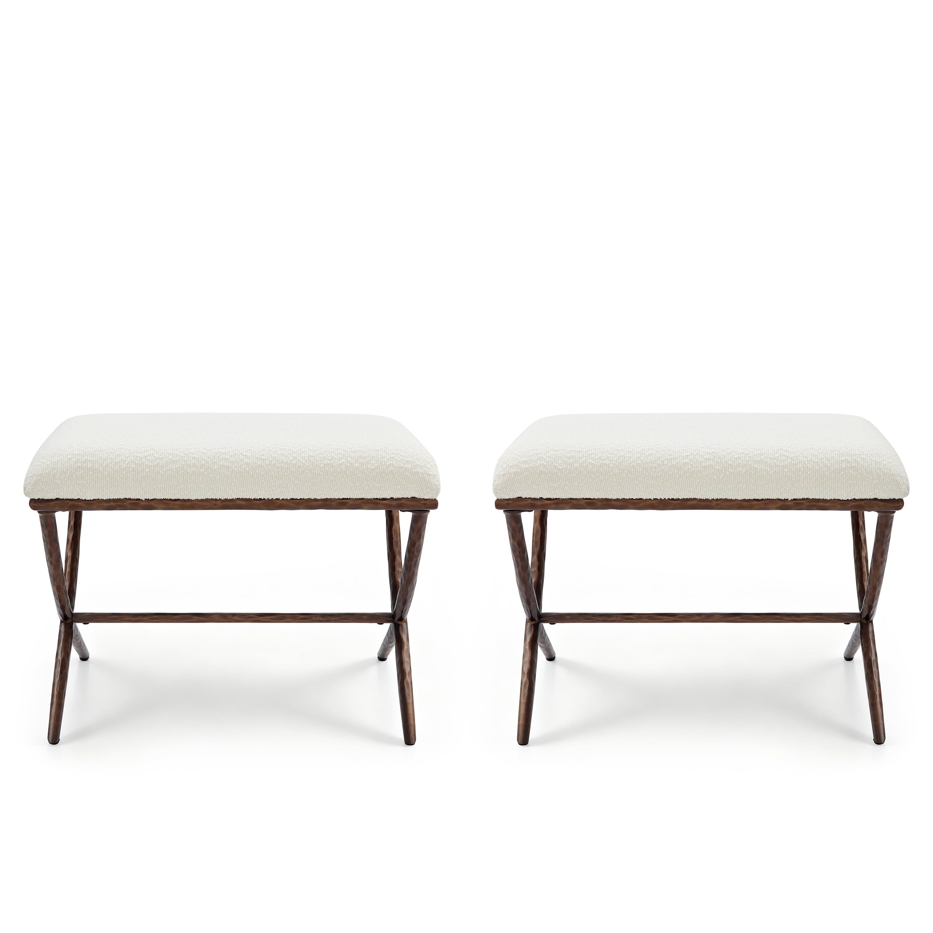 GARITIN Set of 2 Rectangular Ottomans 24.5 Inch, Upholstered Footrests with X Base and Hammered Metal Legs for Living Room, Beige