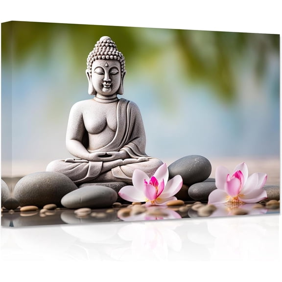 ZHONGYUTONG Buddha Canvas Wall Art Lotus Flowers Zen Stone Pictures Spa Painting Prints Office Decor for Spiritual Meditation Yoga Room Framed (12.00" x 18.00")