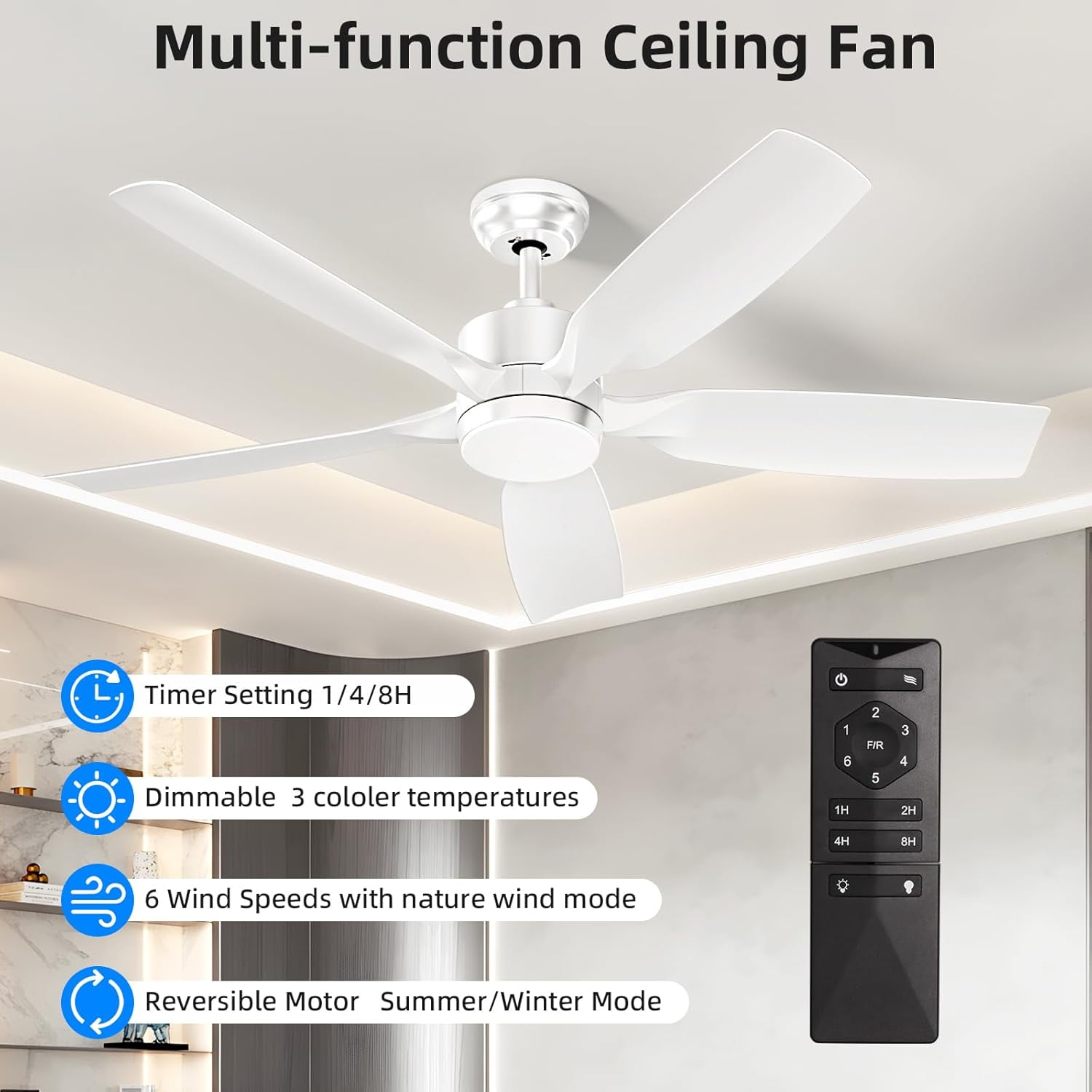Moifoi 52" Ceiling Fan with Light & Remote Control , Features 3CCT Adjustable LED, Ultra-Quiet Reversible DC Motor, 6 Speed Settings, Timer Function, Ideal for Bedroom & Living Room, White