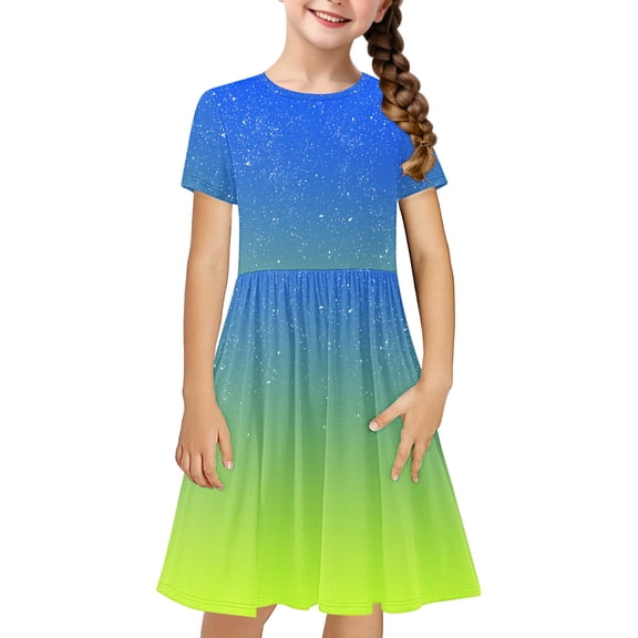 Girls Dresses for Fall Girls Dresses Short Sleeve Gradient Skater Casual Sundress T-Shirt Midi Dress Girls Maxi Dress Long Sleeve Green 7Y