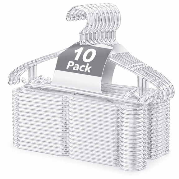 RRQ Plastic Hangers 10 Pcs, Heavy Duty Clothes Hangers with 360° Swivel Hook, Non-Slip, Space-Saving, Clear Hangers for Clothes