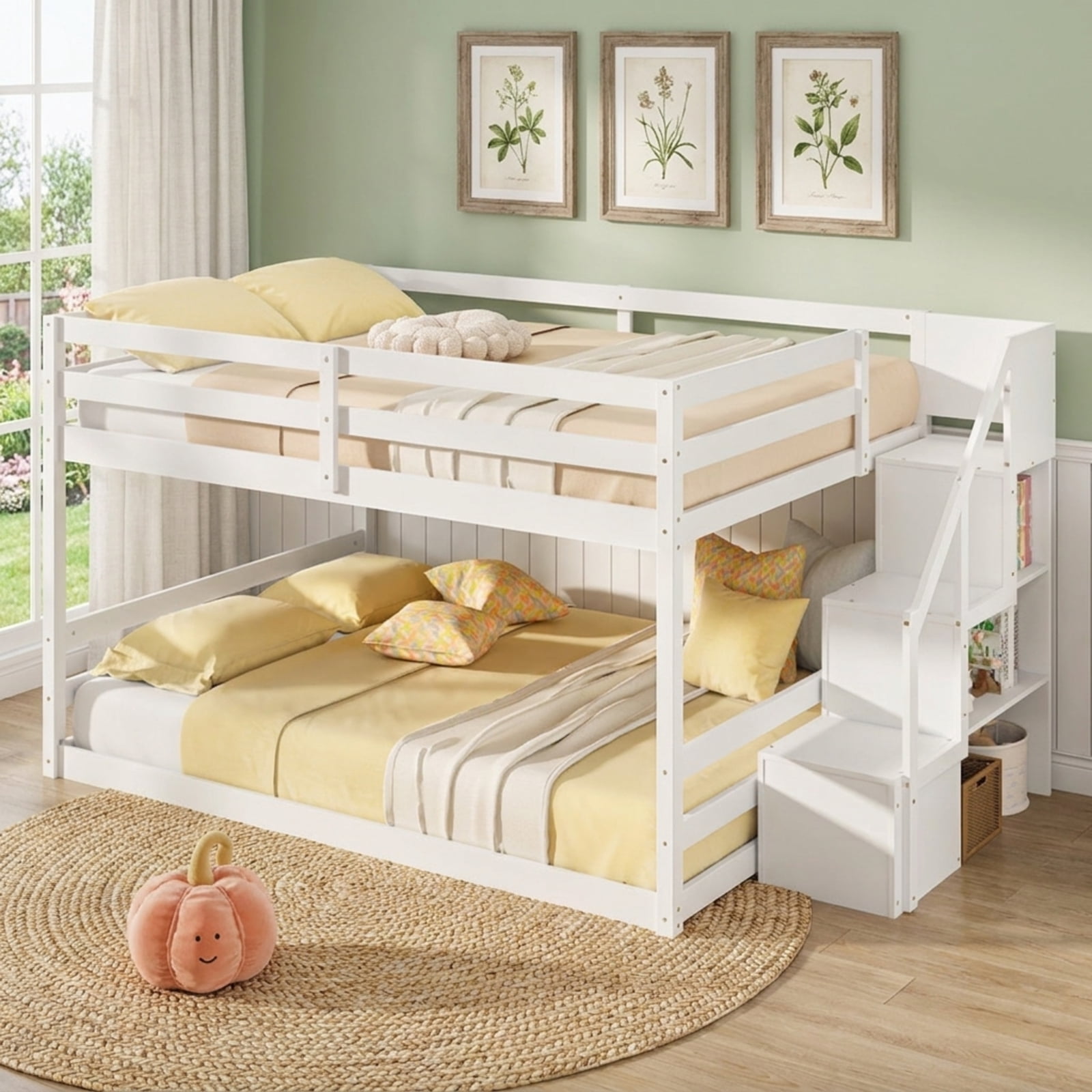 Furnibear Solid Wood Full Over Full Low Bunk Bed with Storage Stairs and Headboard for Kids Bedroom Platform Sleep Space, White
