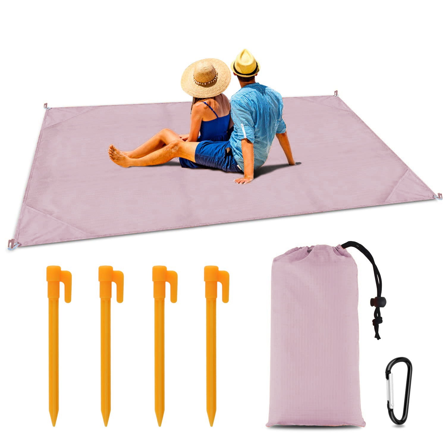 Sand and Waterproof for Outdoor Travel Compact Beach Mat for Camping Durable Nylon Design Foldable Pocket Blanket Metal Stakes Included Picnic or Festival Use Hiking