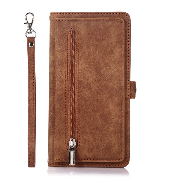 TECH CIRCLE iPhone 12 pro max case,Flip Retro PU Leather Shockproof Magnetic Zipper Wallet Stand Case Cover for iPhone 12 pro max 6.7 inch,Brown