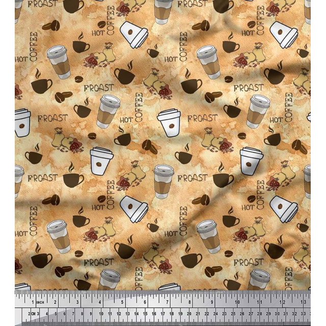 Soimoi Polyester Crepe Fabric Hot Coffee Beverages Printed Craft Fabric by The Yard 52 Inch Wide