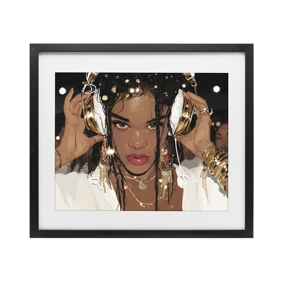 Stupell Industries Gold Headphones Glam Female Black Framed Print Under Glass, design by Franklyn Gregory