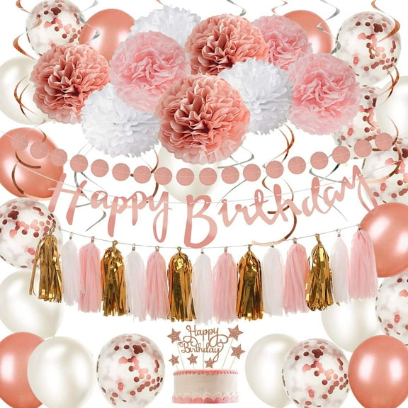 Rose Gold and Pink Birthday Party Decorations Set with Happy Birthday Banner,DIY Cake Topper,Circle Dots Garland,Hanging Swirls,Tissue Paper Pompoms,Paper Tassels Garland,Confetti Balloons for Man Wom